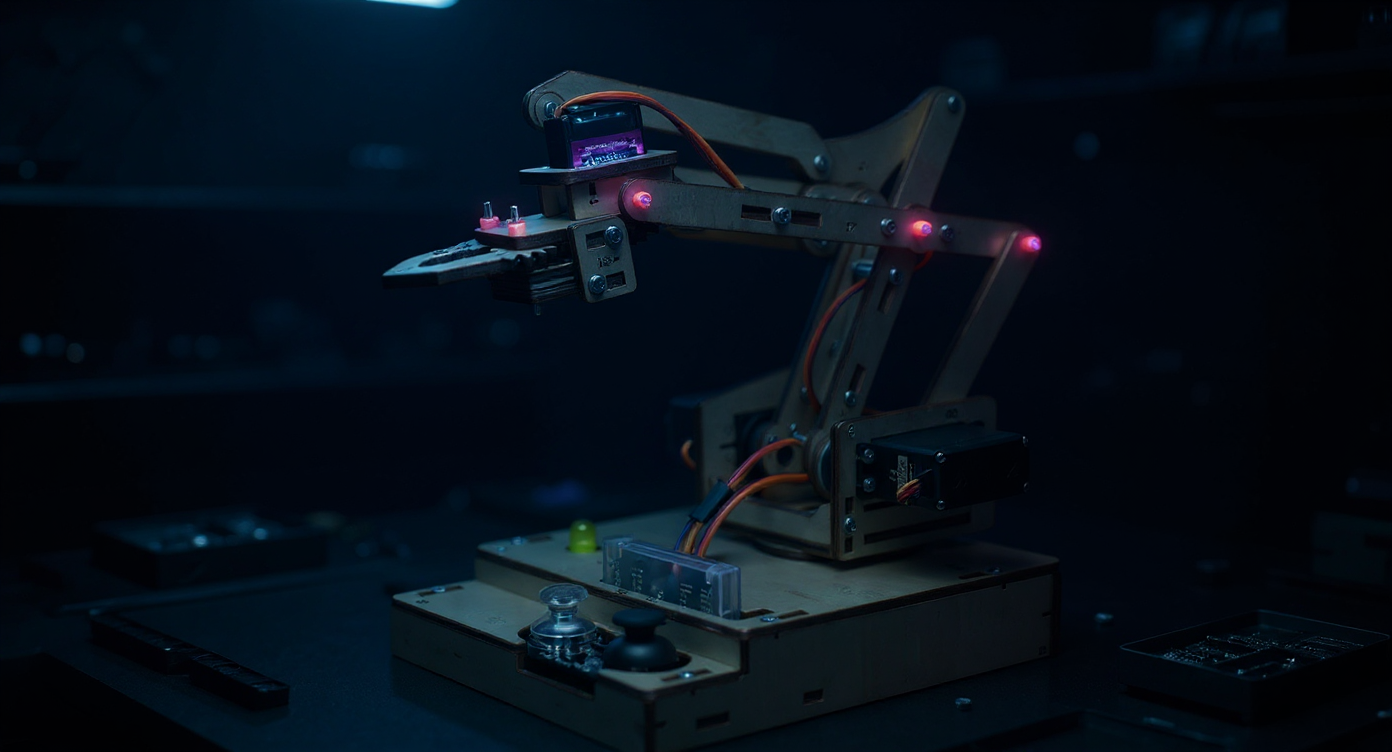 Industrial Robotics course — 6-axis robotic arm in a cyberpunk industrial scene