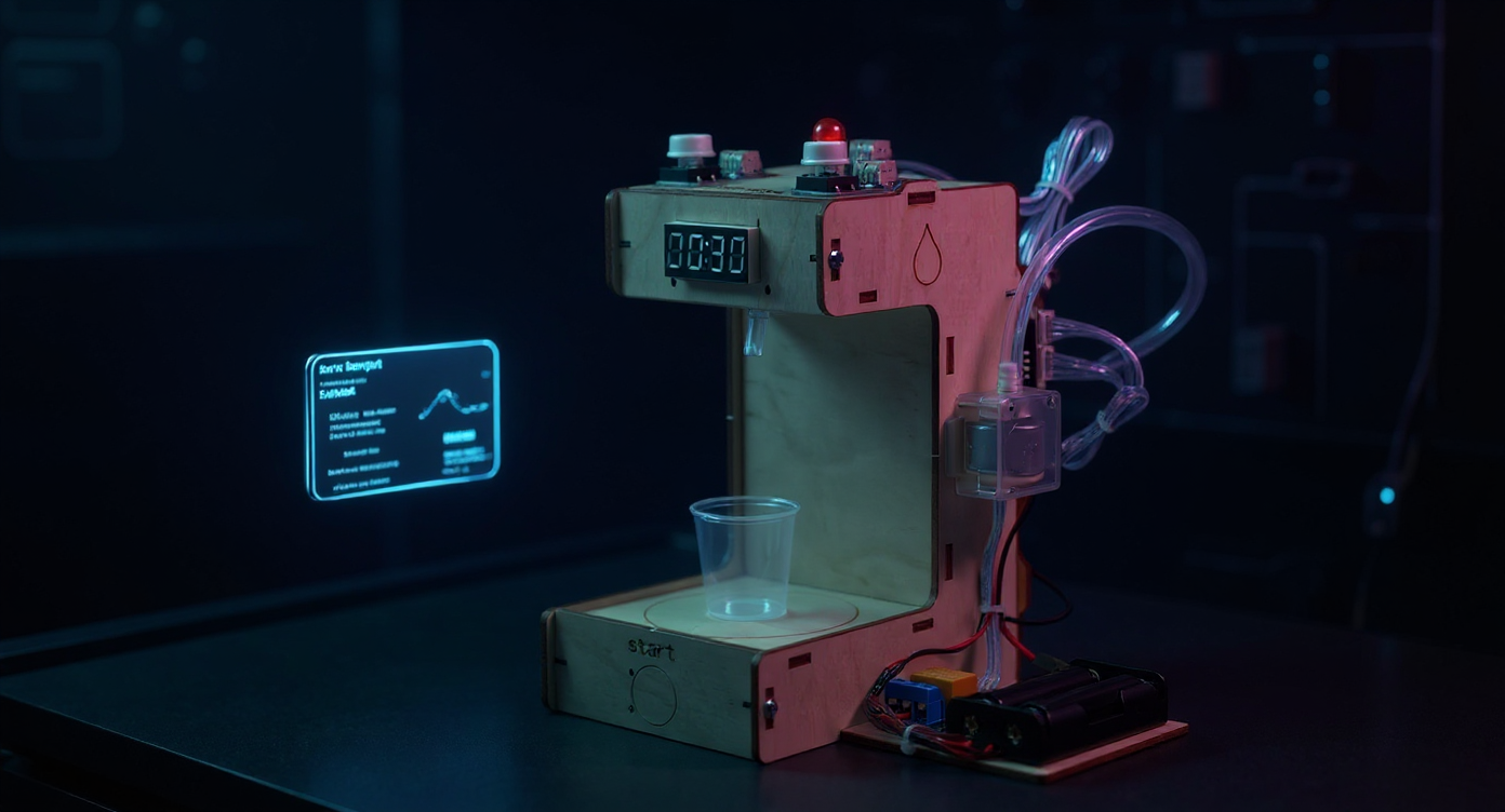 IoT & Smart Systems course — connected smart water dispenser in a cyberpunk scene