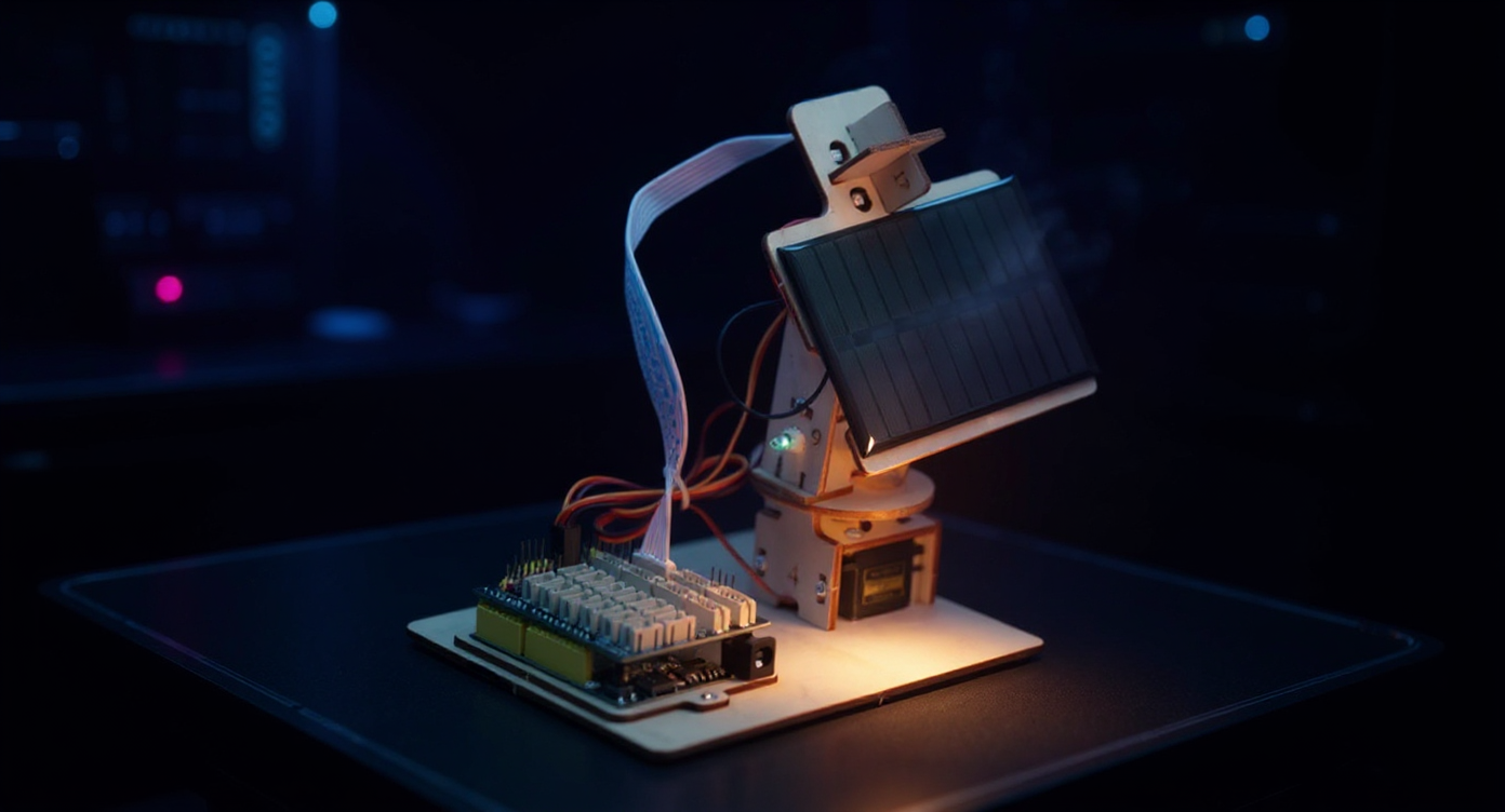 Solar & Light Tracking course — solar panel light-tracking rig in a cyberpunk scene