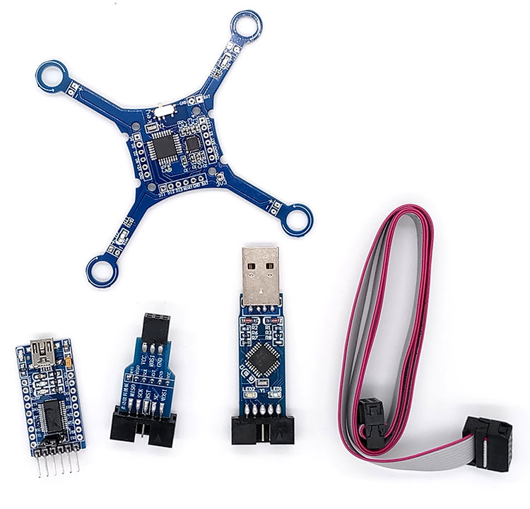 Assembled blue-PCB quadcopter where the flight-controller board forms the central frame